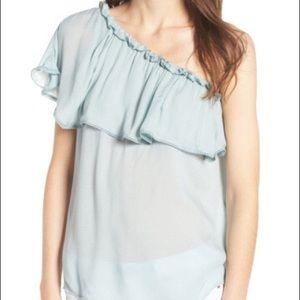 Hinge One-Shoulder Ruffle Top Blue Cloud NWT